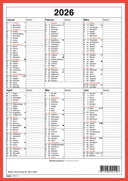 Wandkalender 6M/1S A4 hoch
