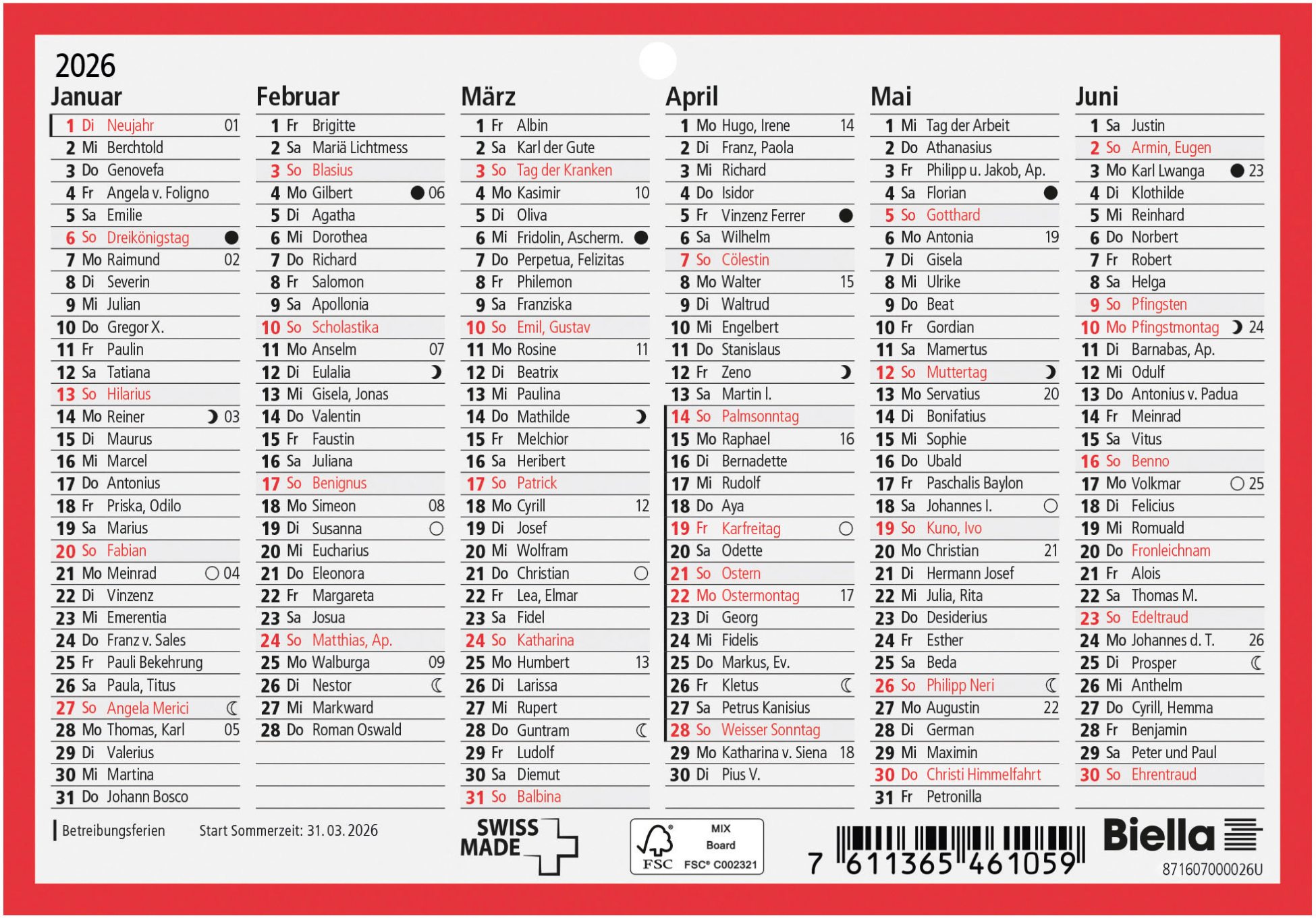 Wandkalender 16.5x11.5 6M/1S D