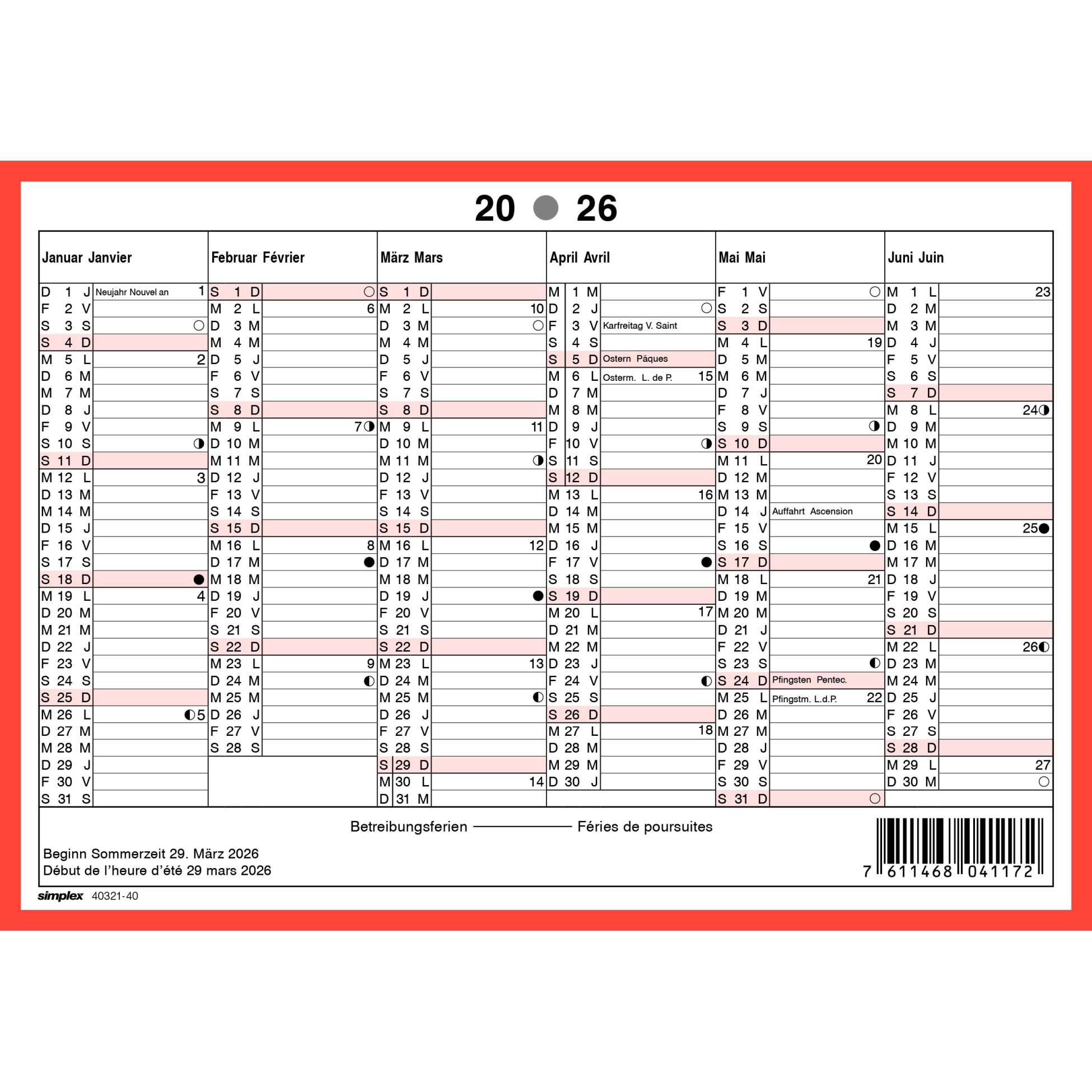 Wandkalender 6M/1S A5 quer